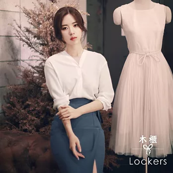 【Lockers 木櫃】韓版寬鬆V領蝴蝶結長袖襯衫(白色)