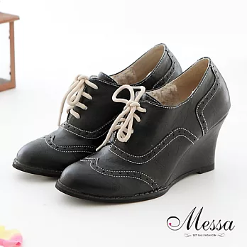 【Messa米莎】(MIT)貴族感綁帶復舊牛津楔型鞋_黑色_36