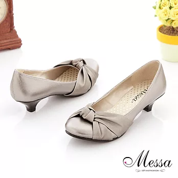 【Messa米莎】(MIT)復古扭結蝴蝶結內真皮低跟鞋_錫色_36