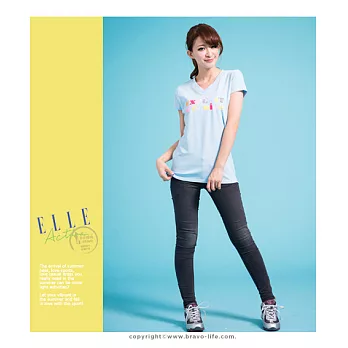 ELLE Active V領印花T恤_水藍M水藍色