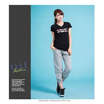 ELLE Active V領印花T恤_黑M黑色