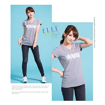 ELLE Active V領印花T恤_灰M灰色