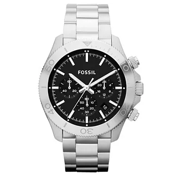 FOSSIL 絕讚指標三眼計時腕錶(鋼帶-銀黑)