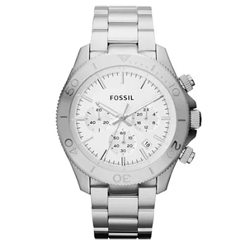 FOSSIL 絕讚指標三眼計時腕錶(鋼帶-銀白)