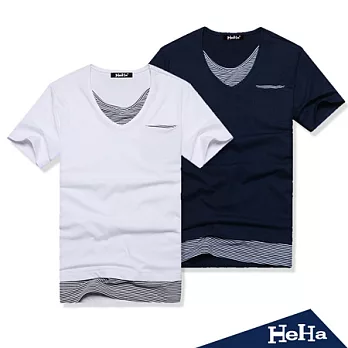【HeHa】夏季新款男式假二件V領T恤(共二色)XL藍色