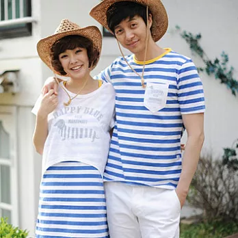 愛奢侈親子裝~臘腸狗黃領條上衣親子裝(媽媽)S藍白條