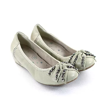 ◤Green Phoenix◥柔和粉嫩色調,心機內增高設計,經典蝴蝶結水鑽平底娃娃鞋37米色