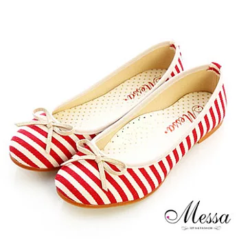 【Messa米莎】(MIT)時髦雙色條紋蝴蝶結平底包鞋35紅色