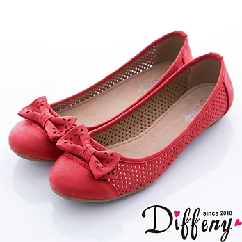 Diffeny 通勤最愛 蝴蝶結簍空平底包鞋-紅 360