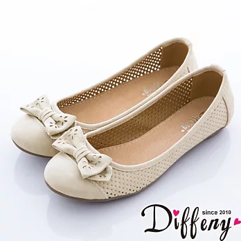 Diffeny 通勤最愛 蝴蝶結簍空平底包鞋-米 360