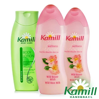 【德國卡蜜兒Kamill】玫瑰沐浴養膚3件組(玫瑰沐浴膠x2+全效身體乳液x1)