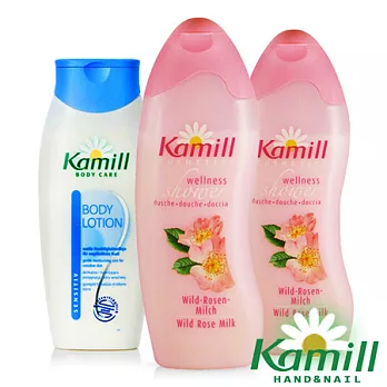 【德國卡蜜兒Kamill】玫瑰沐浴柔膚3件組(玫瑰沐浴膠x2+柔敏身體乳x1)