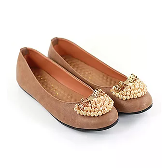 ◤Green Phoenix◥金屬飾釦串珠造型平底娃娃鞋23.5可可色