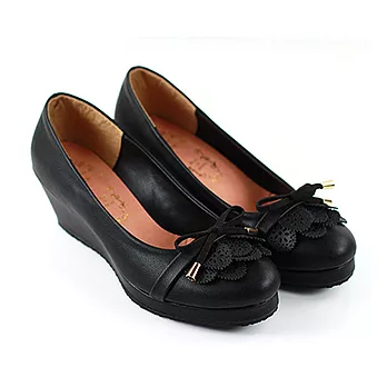 ◤Green Phoenix◥鏤空小圓花瓣蝴蝶結楔型包鞋23黑色