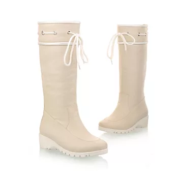 EOWYN。韓系時尚繽紛綁帶楔型長筒靴/5色/35-39碼(現+預)35米色35