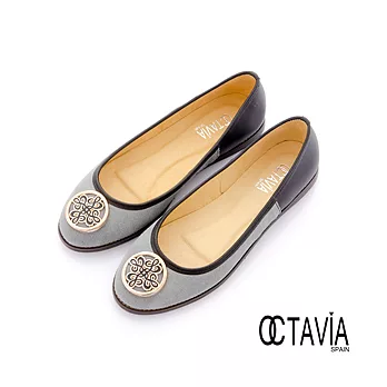 【OCTAVIA】女王的標誌 雙色滾彩圓扣娃娃鞋 -36黑灰