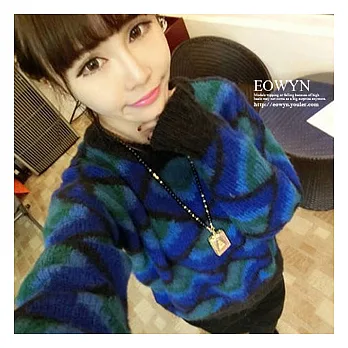 EOWYN。LENA孔雀紋菱形格紋撞色圓領套頭時尚針織衫毛衣(現貨)單一色