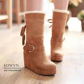 EOWYN.歐美時尚麂皮金屬扣環楔形中靴(現貨)35杏色35