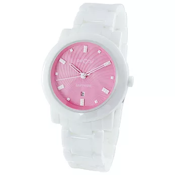 GECCU 義式風格 GU-8807 馬卡龍高精密陶瓷腕錶-白(草莓粉)