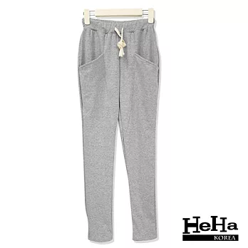 哈倫褲 純棉彈力大口袋拉繩哈倫休閒褲 三色-HeHa-FREE(淺灰)