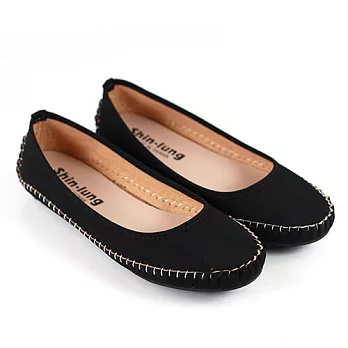 ◤Green Phoenix◥柔軟輕盈車縫線仿麂皮平底娃娃鞋36黑色