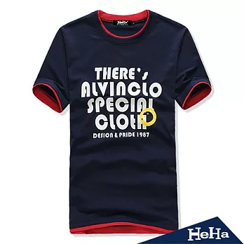 T恤 純棉拼色假兩件字母印花短T 二色 HeHa-L(藏青)