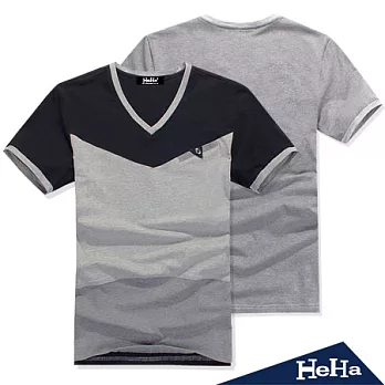 T恤 男士拼接短袖V領休閒上衣-HeHa-XL*