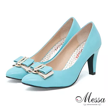 【Messa米莎】(MIT)經典女神款金屬環扣蝴蝶結內真皮低跟包鞋35淺藍色