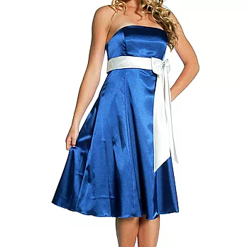 【摩達客】美國進口Landmark無肩帶平口藍色緞面優雅過膝裙派對小禮服/洋裝(含禮盒)XL