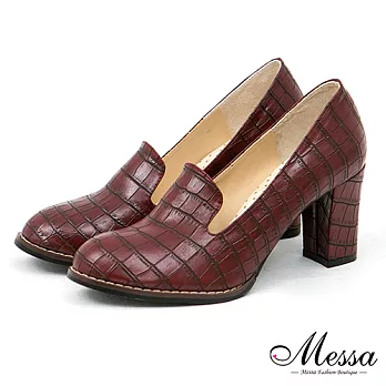 【Messa米莎專櫃女鞋】MIT 南韓中性格調鱷文經典內真皮粗跟包鞋-兩色36酒紅色