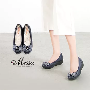 【Messa米莎專櫃女鞋】MIT 優雅綴飾水鑽蝴蝶結楔型娃娃包鞋35藍色