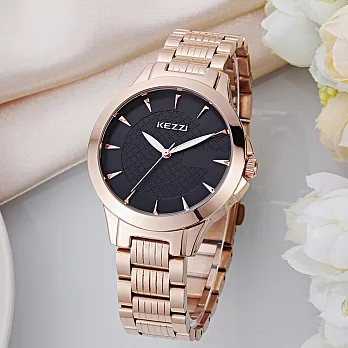 KEZZI珂紫 KW-1174 點點菱格紋簡約刻度反光金屬鍊帶錶-玫瑰金黑面