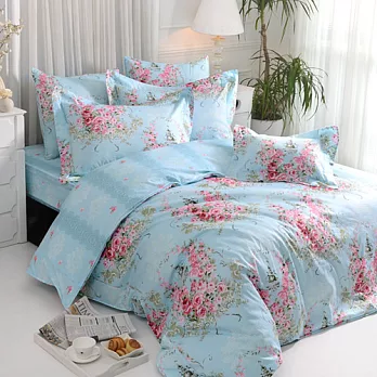 義大利La Belle《薔薇戀曲-藍》雙人四件式防蹣抗菌舖棉兩用被床包組