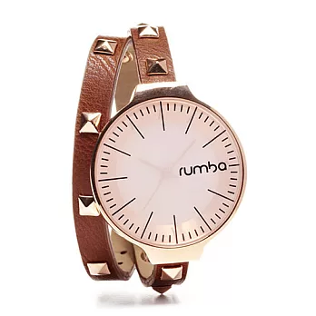 Rumba Time Orchard鉚釘纏繞系列 玫瑰金錶框粉色錶面 皮革錶帶手錶/35mm棕色