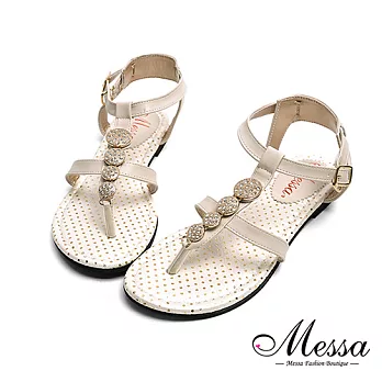 【Messa米莎專櫃女鞋】MIT金屬水鑽一字繫踝平底涼鞋38米色