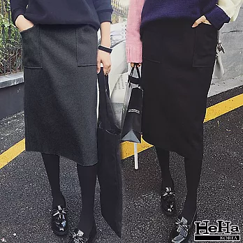 中長裙 彈性腰圍毛呢後開叉半身裙 二色-HeHa-M(黑色)