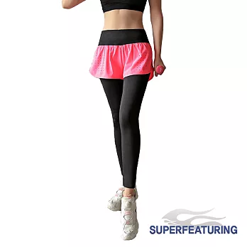 【SUPERFEATURING 】WPD-10靓色彈性透氣假兩件緊身褲L（黑粉）