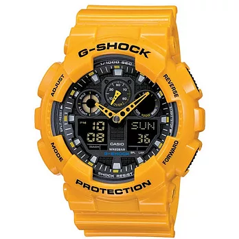 【CASIO】卡西歐 G-SHOCK系列 大黃蜂機械感三眼雙顯電子錶 (黃/黑 GA-100A-9A )