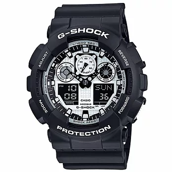 【CASIO】卡西歐 G-SHOCK系列 男人個性風三眼雙顯電子錶 (黑/白 GA-100BW-1A )
