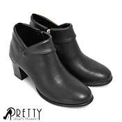【Pretty】反摺側拉鍊中粗跟踝靴JP23黑色