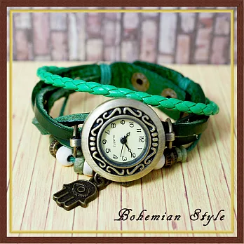 BOBO-1964 波西米亞風 復古皮革編織吊飾錶綠色