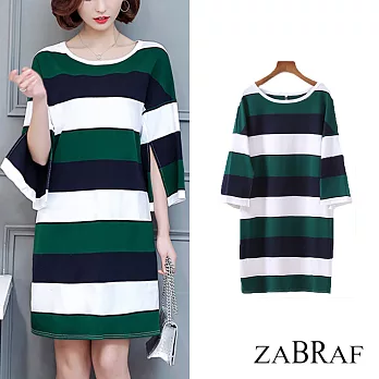 【BR】寬鬆顯瘦中長款條紋連衣裙-80847(XL-3XL可選)XL綠色條紋