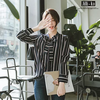 【Jilli~ko】配色條紋綁結襯衫 XL黑