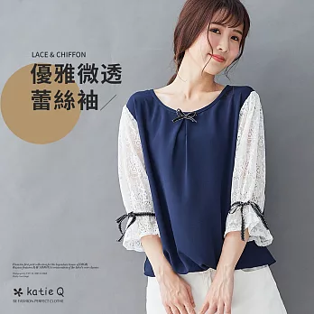 【KatieQ】蕾絲喇叭袖雪紡上衣-F FREE深藍