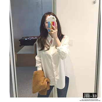 【Jilli~ko】韓版POLO領打底長袖襯衫 FREE白色