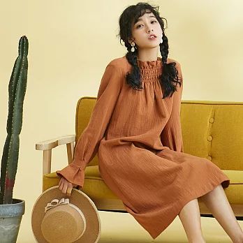 安妮陳｜重返20歲｜原創設計復古收腰連身裙-S-L　M橘黃色