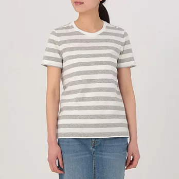 [MUJI無印良品]女有機棉圓領橫紋短袖T恤M淺灰橫紋
