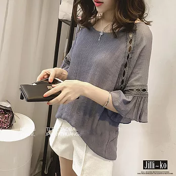 【Jilli~ko】皺面鏤空荷葉袖上衣-F J5880 FREE灰色