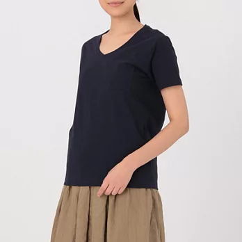 [MUJI無印良品]女有機棉節紗V領短袖T恤M深藍