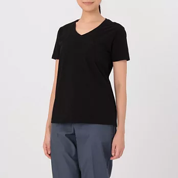 [MUJI無印良品]女有機棉節紗V領短袖T恤M黑色